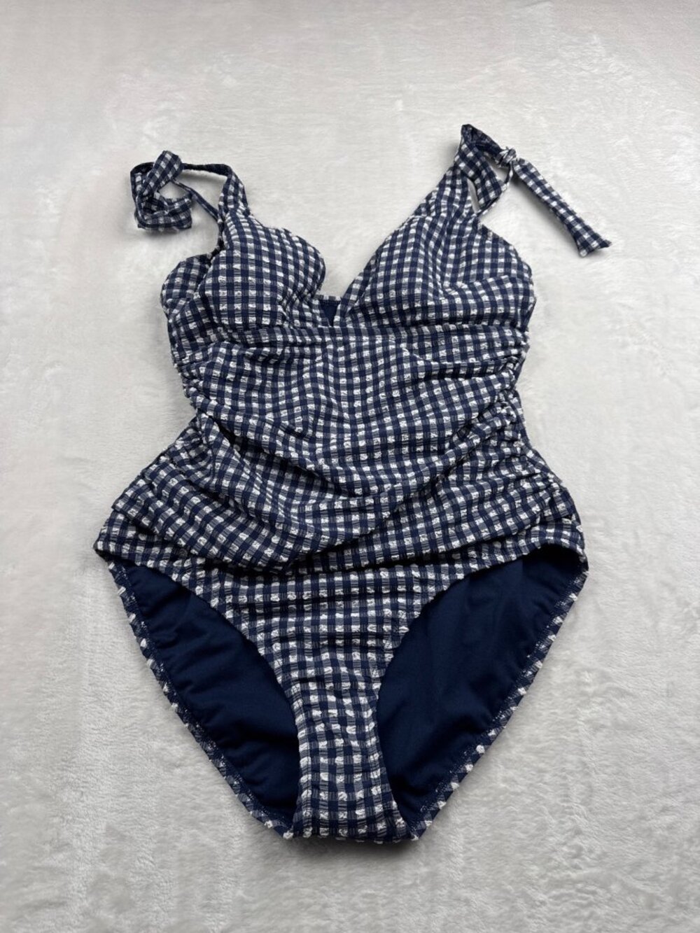 Ellen Tracy Womens Gingham Print One-Piece Swimsuit XL Blue & White Tie Straps